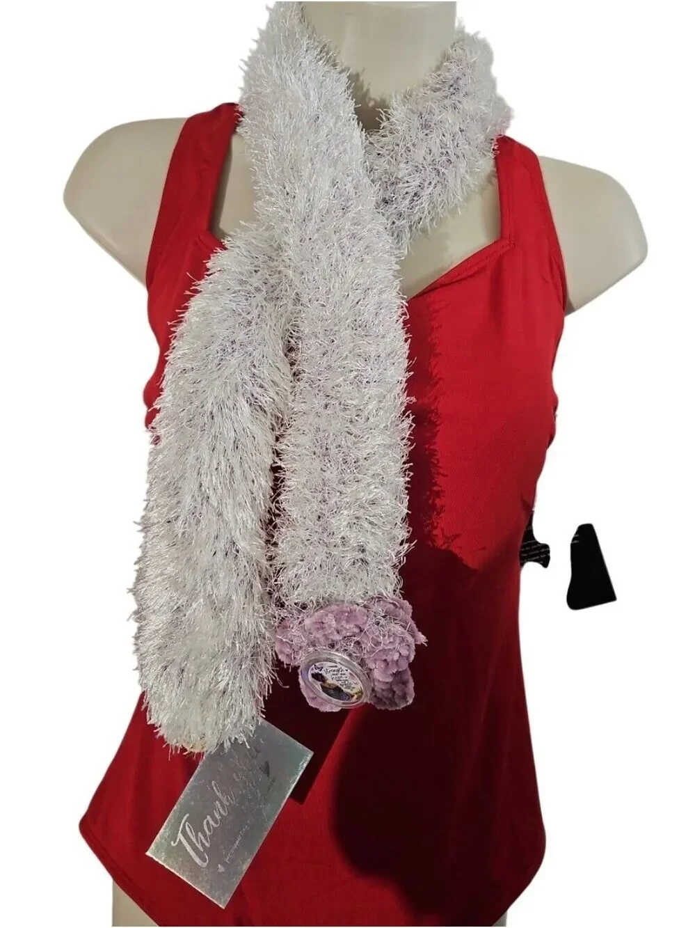 Handmade Faux Fur Crochet Boa Scarf Lavender Pain Awareness Brooch OOAK Botanica